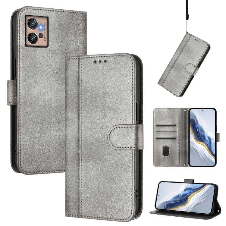 For Motorola Moto G32 Line Splicing Buckle Retro Leather Phone Case(Grey)