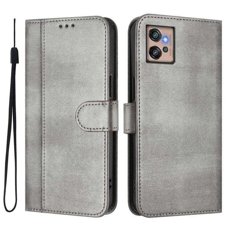 For Motorola Moto G32 Line Splicing Buckle Retro Leather Phone Case(Grey)