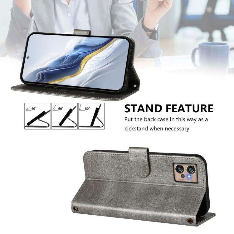 For Motorola Moto G32 Line Splicing Buckle Retro Leather Phone Case(Grey)
