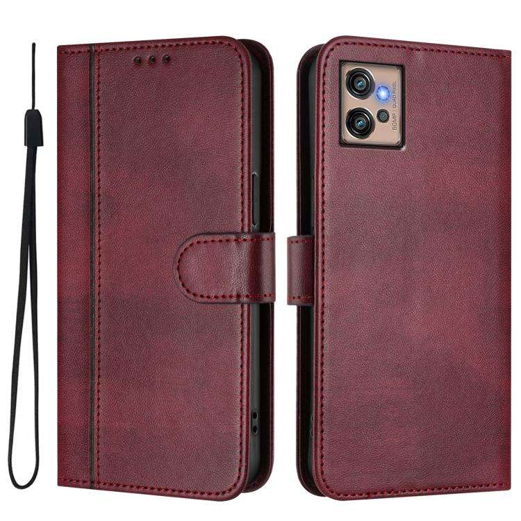 For Motorola Moto G32 Line Splicing Buckle Retro Leather Phone Case(Wine Red)