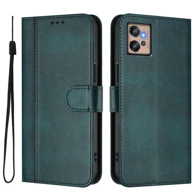 For Motorola Moto G32 Line Splicing Buckle Retro Leather Phone Case(Dark Green)