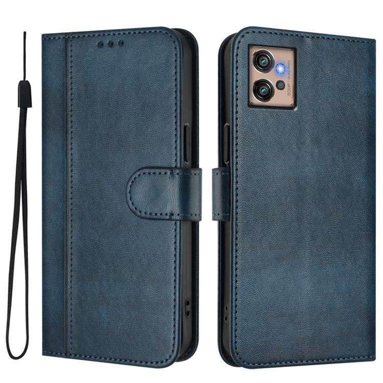 For Motorola Moto G32 Line Splicing Buckle Retro Leather Phone Case(Dark Blue)