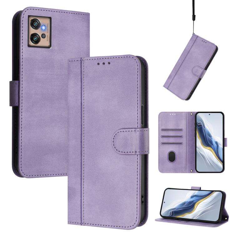 For Motorola Moto G32 Line Splicing Buckle Retro Leather Phone Case(Purple)