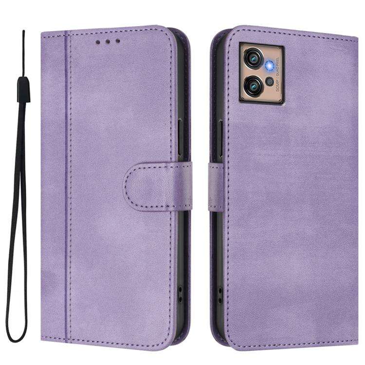 For Motorola Moto G32 Line Splicing Buckle Retro Leather Phone Case(Purple)