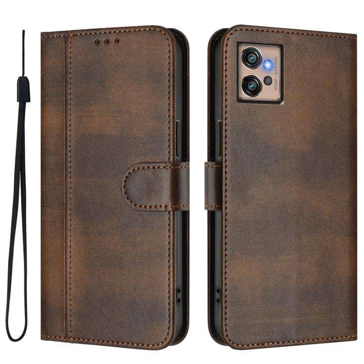 For Motorola Moto G32 Line Splicing Buckle Retro Leather Phone Case(Brown)