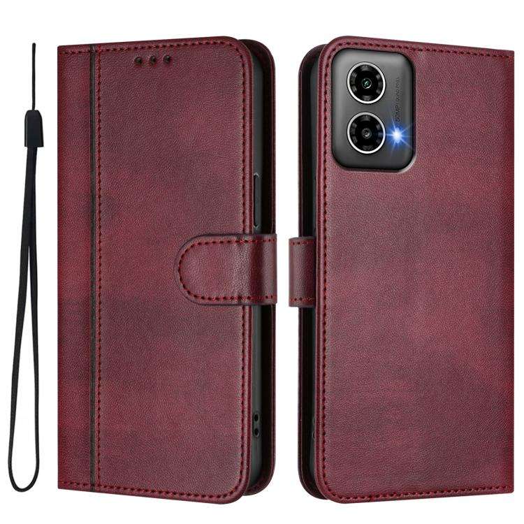 For Motorola Moto G34 5G / G45 5G Line Splicing Buckle Retro Leather Phone Case(Wine Red)