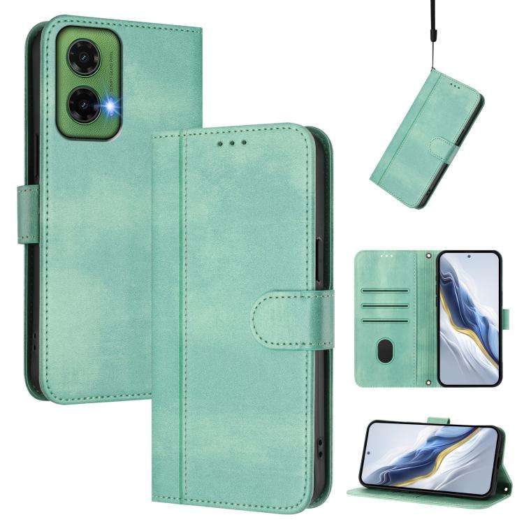 For Motorola Moto G35 5G Line Splicing Buckle Retro Leather Phone Case(Mint)