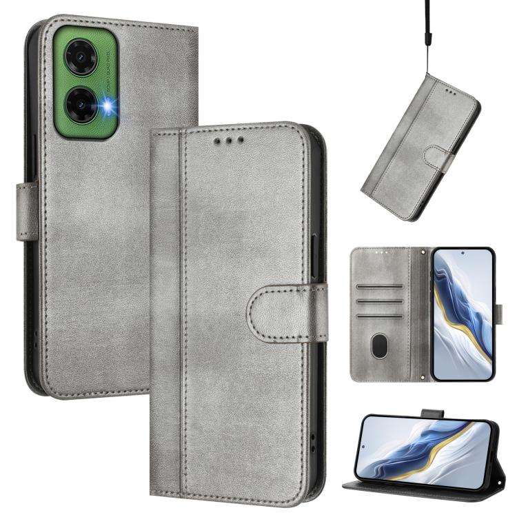 For Motorola Moto G35 5G Line Splicing Buckle Retro Leather Phone Case(Grey)
