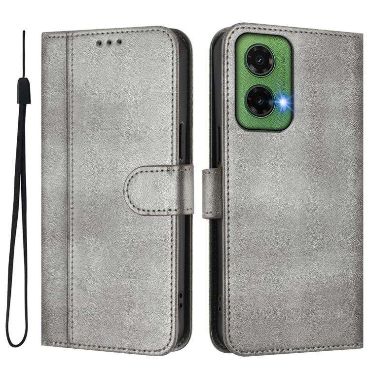 For Motorola Moto G35 5G Line Splicing Buckle Retro Leather Phone Case(Grey)