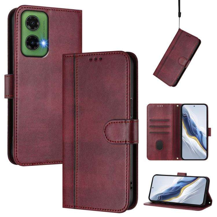 For Motorola Moto G35 5G Line Splicing Buckle Retro Leather Phone Case(Wine Red)