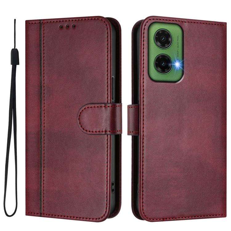 For Motorola Moto G35 5G Line Splicing Buckle Retro Leather Phone Case(Wine Red)