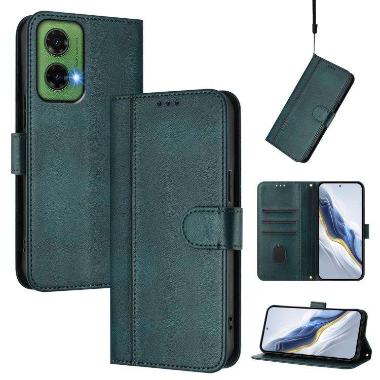 For Motorola Moto G35 5G Line Splicing Buckle Retro Leather Phone Case(Dark Green)