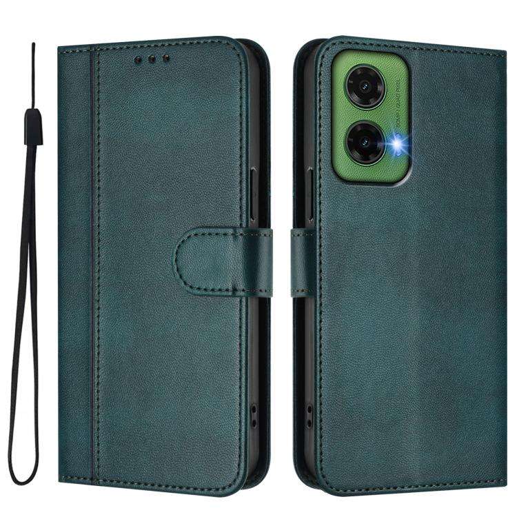 For Motorola Moto G35 5G Line Splicing Buckle Retro Leather Phone Case(Dark Green)