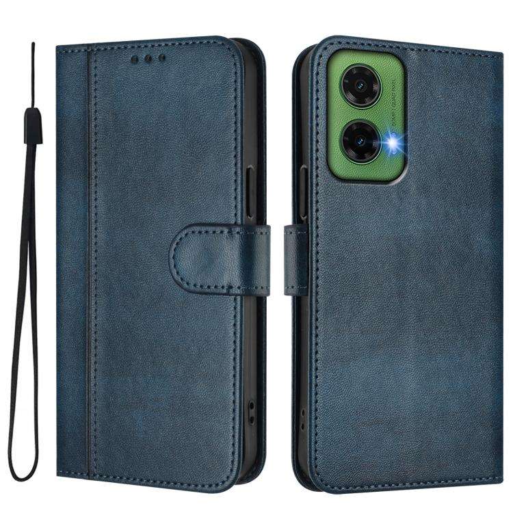 For Motorola Moto G35 5G Line Splicing Buckle Retro Leather Phone Case(Dark Blue)