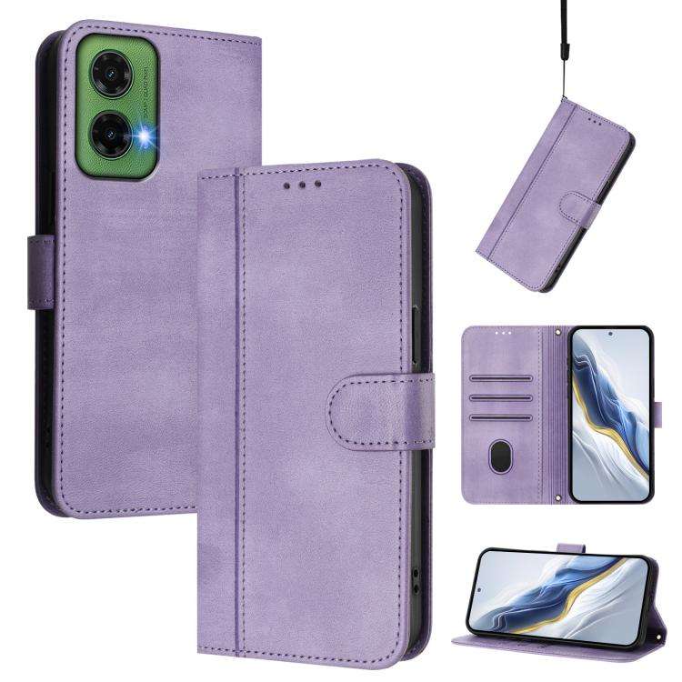 For Motorola Moto G35 5G Line Splicing Buckle Retro Leather Phone Case(Purple)