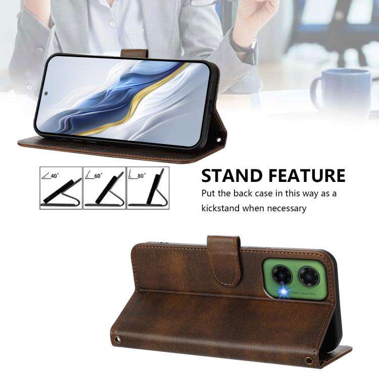 For Motorola Moto G35 5G Line Splicing Buckle Retro Leather Phone Case(Brown)