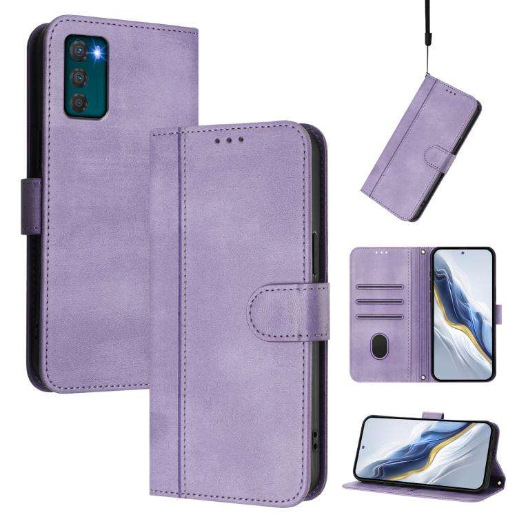 For Motorola Moto G42 4G Line Splicing Buckle Retro Leather Phone Case(Purple)