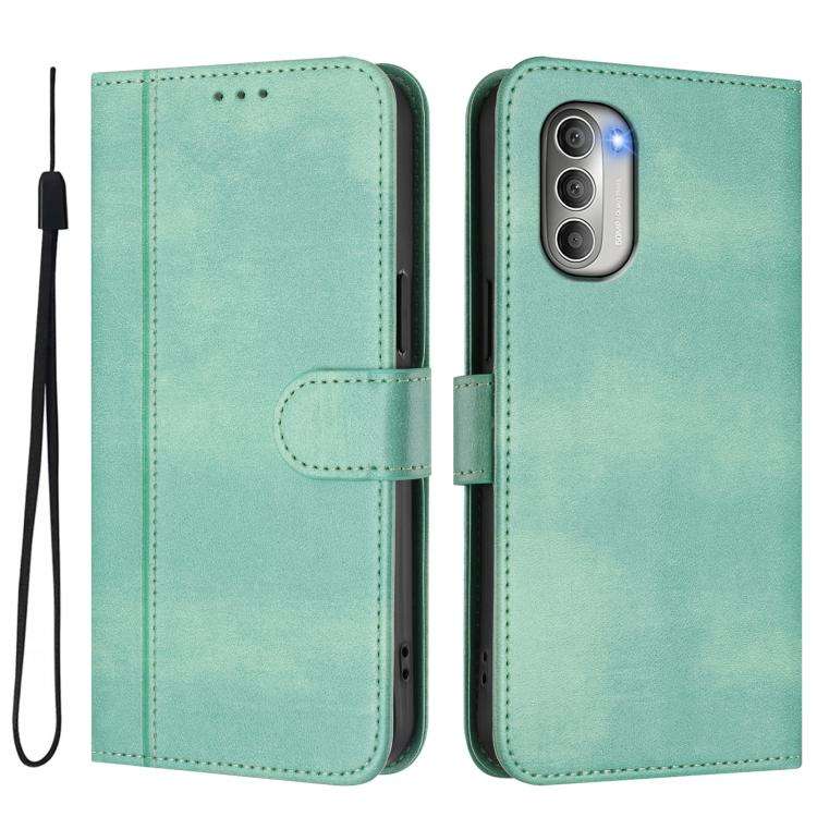 For Motorola Moto G51 5G Line Splicing Buckle Retro Leather Phone Case(Mint)