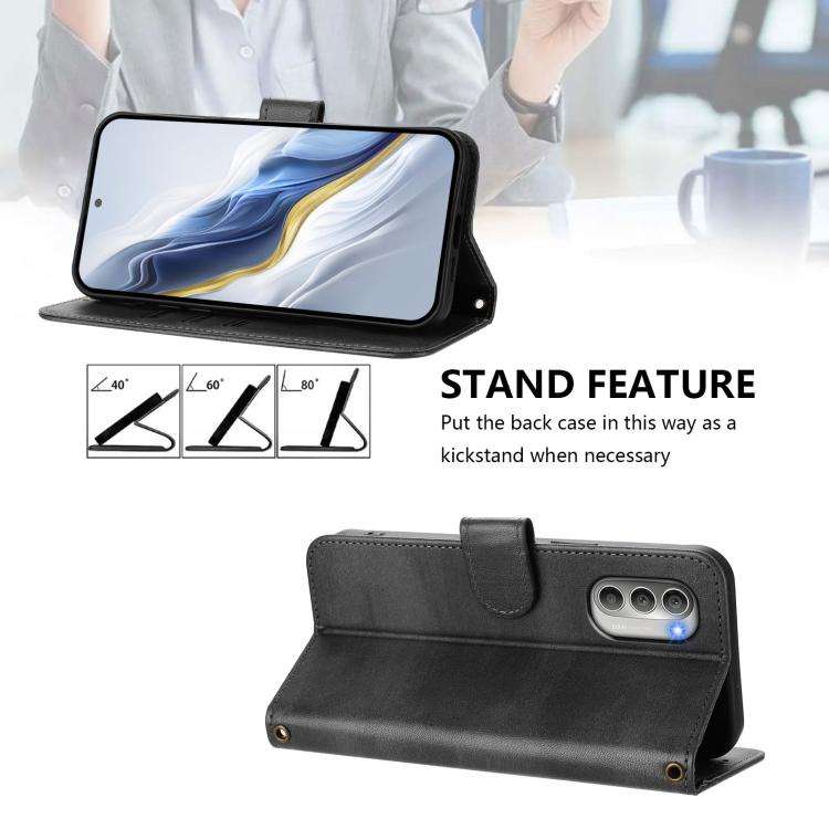 For Motorola Moto G51 5G Line Splicing Buckle Retro Leather Phone Case(Black)