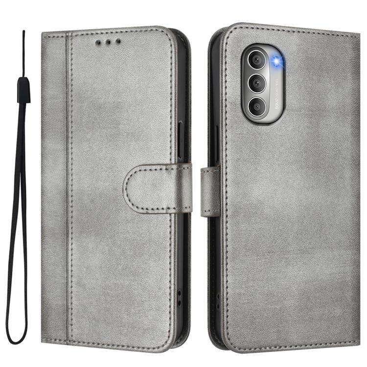For Motorola Moto G51 5G Line Splicing Buckle Retro Leather Phone Case(Grey)
