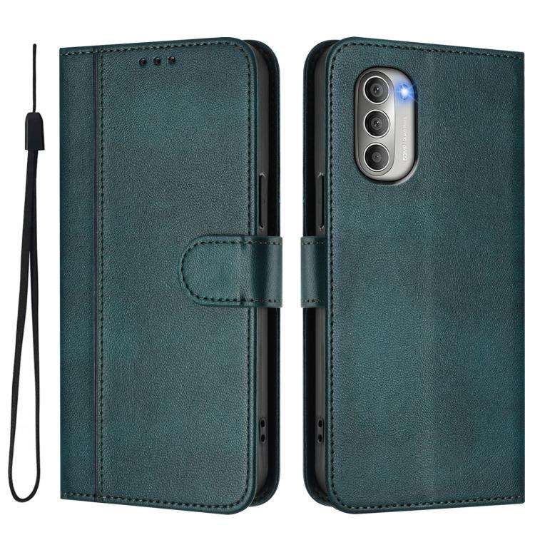 For Motorola Moto G51 5G Line Splicing Buckle Retro Leather Phone Case(Dark Green)