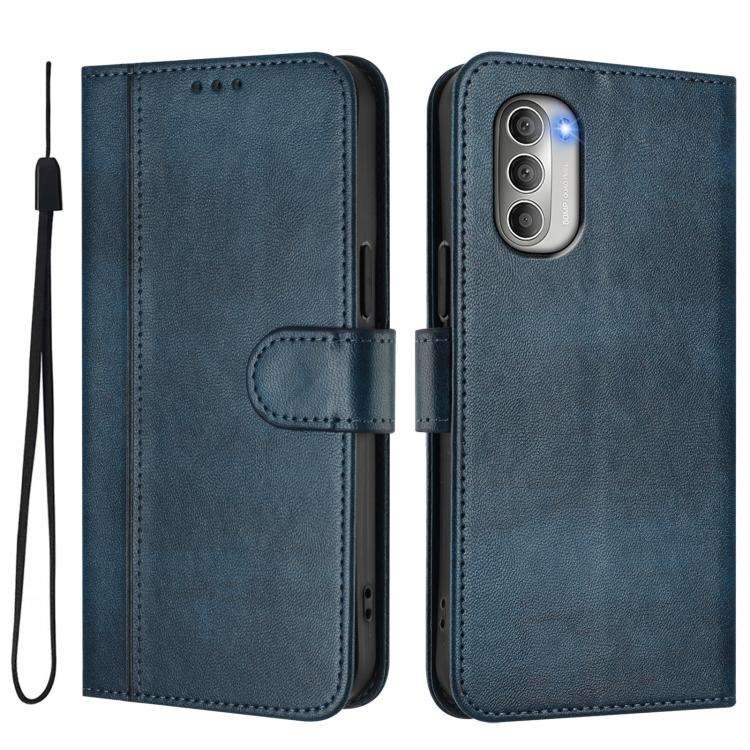 For Motorola Moto G51 5G Line Splicing Buckle Retro Leather Phone Case(Dark Blue)