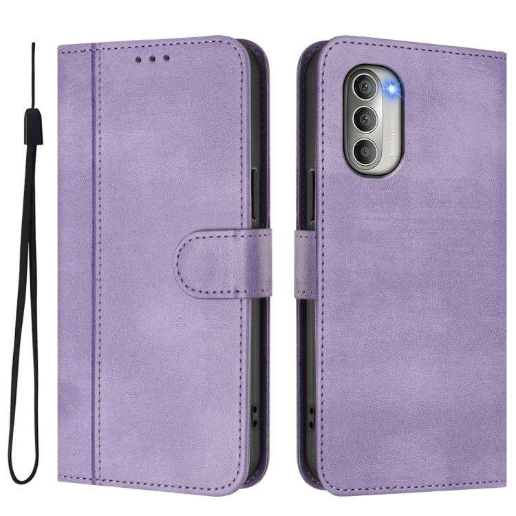 For Motorola Moto G51 5G Line Splicing Buckle Retro Leather Phone Case(Purple)