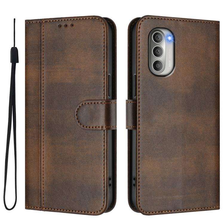 For Motorola Moto G51 5G Line Splicing Buckle Retro Leather Phone Case(Brown)