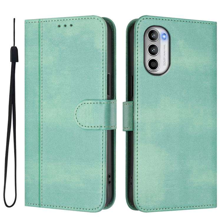 For Motorola Moto G52 4G / G82 5G / G71s Line Splicing Buckle Retro Leather Phone Case(Mint)