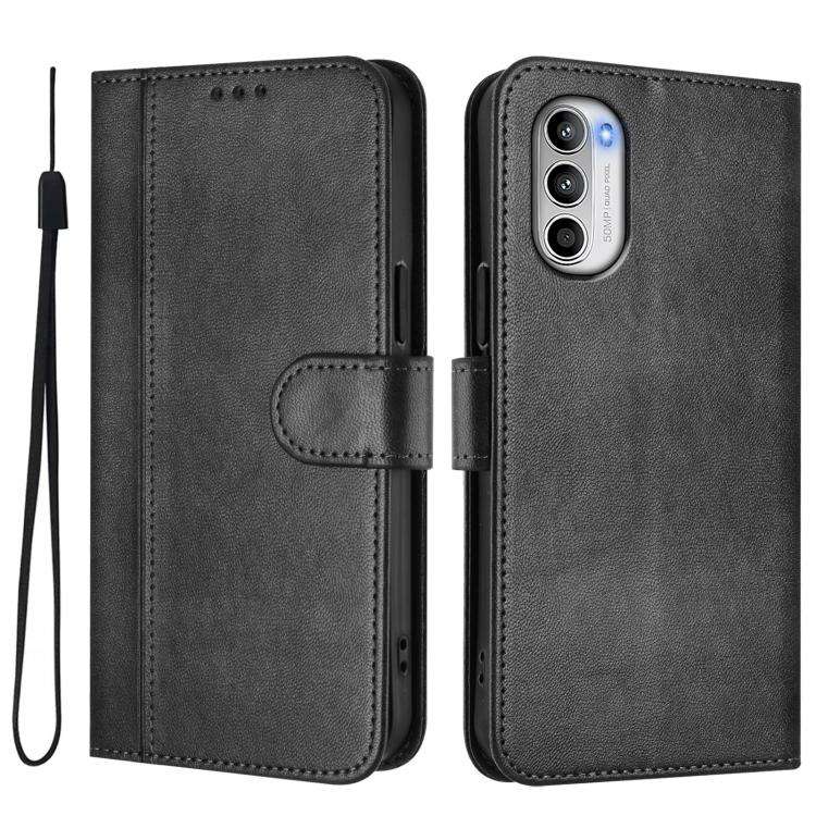 For Motorola Moto G52 4G / G82 5G / G71s Line Splicing Buckle Retro Leather Phone Case(Black)