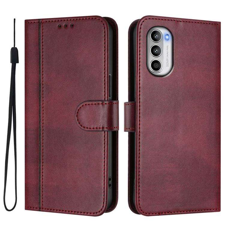 For Motorola Moto G52 4G / G82 5G / G71s Line Splicing Buckle Retro Leather Phone Case(Wine Red)