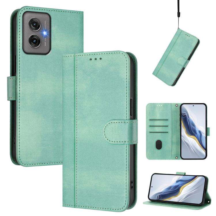 For Motorola Moto G55 5G Line Splicing Buckle Retro Leather Phone Case(Mint)