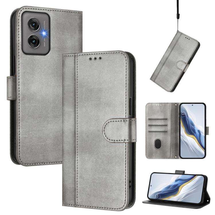 For Motorola Moto G55 5G Line Splicing Buckle Retro Leather Phone Case(Grey)