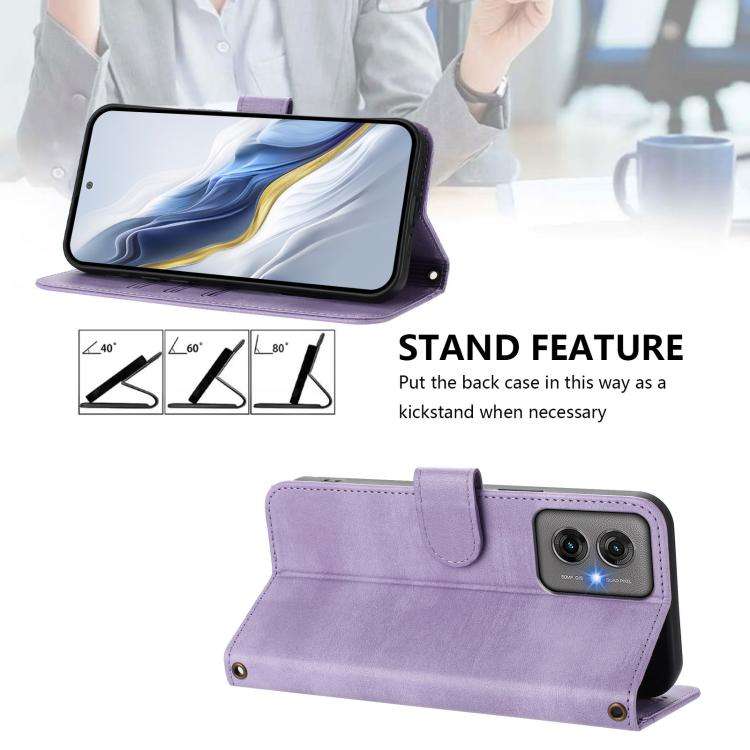 For Motorola Moto G55 5G Line Splicing Buckle Retro Leather Phone Case(Purple)