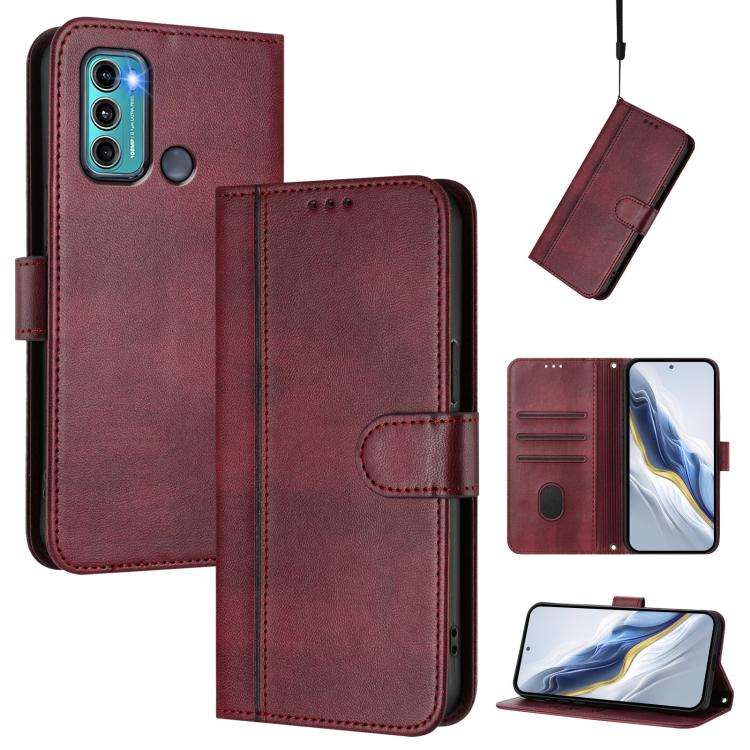 For Motorola Moto G60 / G40 Fusion Line Splicing Buckle Retro Leather Phone Case(Wine Red)