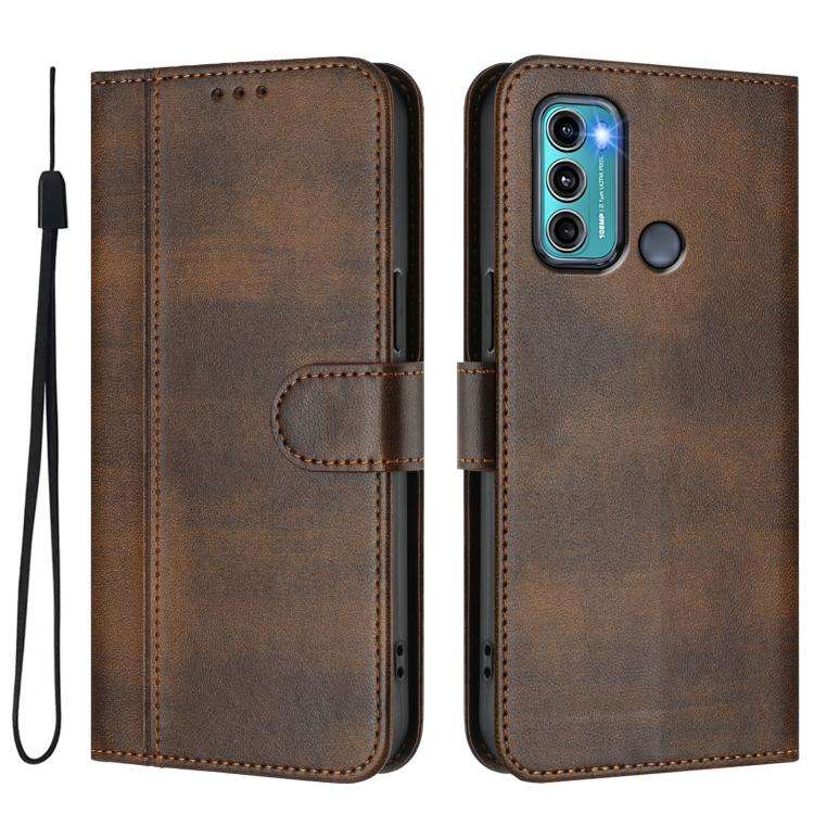 For Motorola Moto G60 / G40 Fusion Line Splicing Buckle Retro Leather Phone Case(Brown)