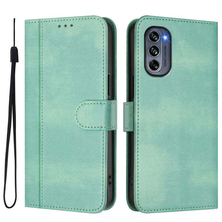 For Motorola Moto G62 5G Global / India Line Splicing Buckle Retro Leather Phone Case(Mint)
