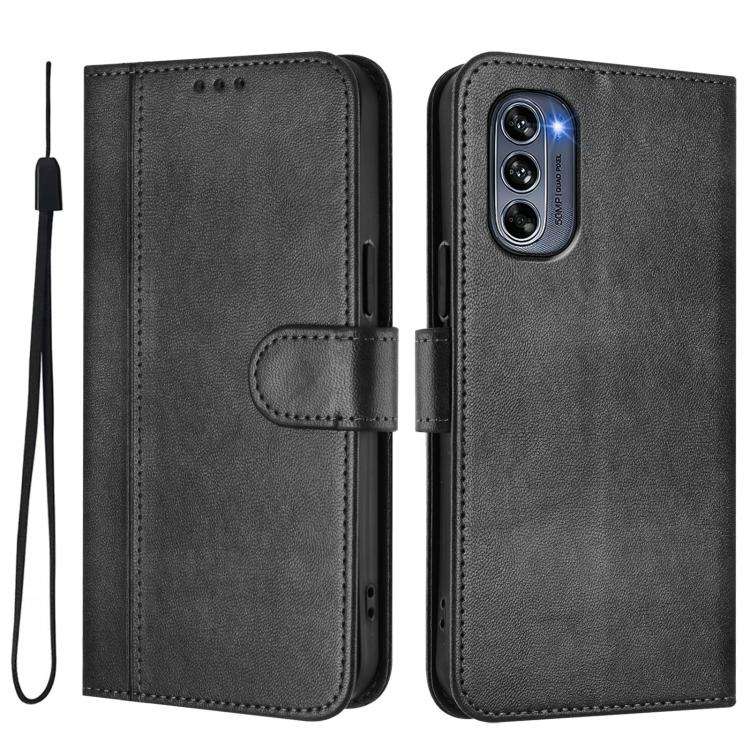 For Motorola Moto G62 5G Global / India Line Splicing Buckle Retro Leather Phone Case(Black)