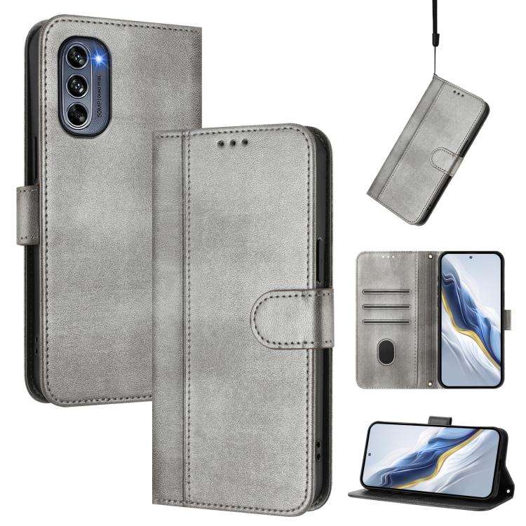 For Motorola Moto G62 5G Global / India Line Splicing Buckle Retro Leather Phone Case(Grey)