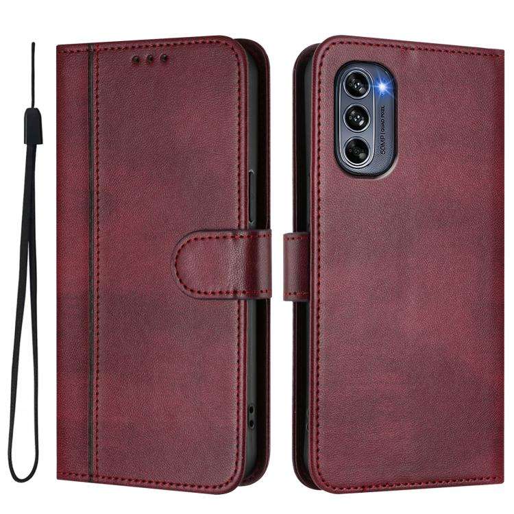 For Motorola Moto G62 5G Global / India Line Splicing Buckle Retro Leather Phone Case(Wine Red)