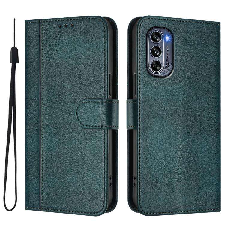 For Motorola Moto G62 5G Global / India Line Splicing Buckle Retro Leather Phone Case(Dark Green)