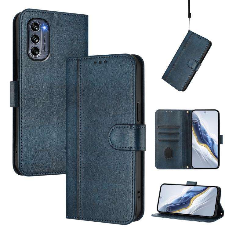 For Motorola Moto G62 5G Global / India Line Splicing Buckle Retro Leather Phone Case(Dark Blue)