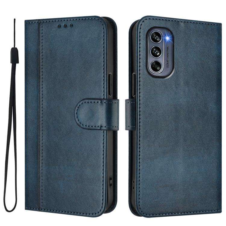 For Motorola Moto G62 5G Global / India Line Splicing Buckle Retro Leather Phone Case(Dark Blue)