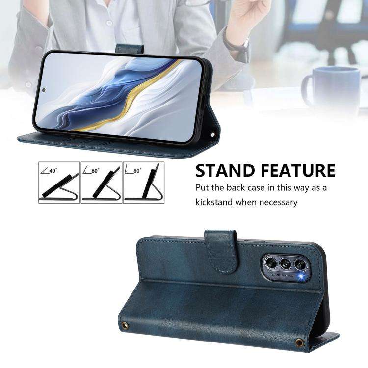 For Motorola Moto G62 5G Global / India Line Splicing Buckle Retro Leather Phone Case(Dark Blue)