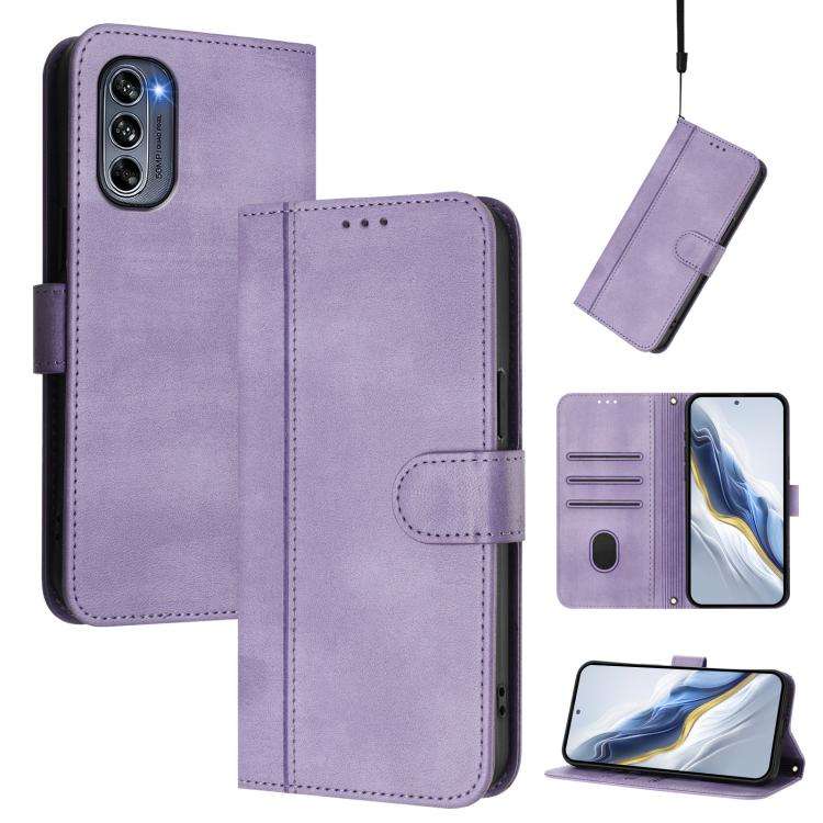 For Motorola Moto G62 5G Global / India Line Splicing Buckle Retro Leather Phone Case(Purple)