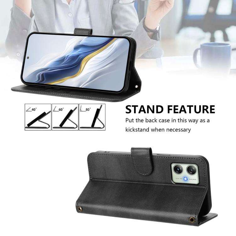 For Motorola Moto G64 India / G54 5G India Line Splicing Buckle Retro Leather Phone Case(Black)