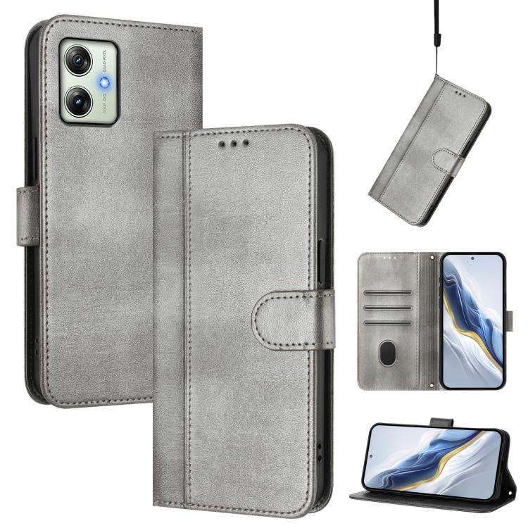 For Motorola Moto G64 India / G54 5G India Line Splicing Buckle Retro Leather Phone Case(Grey)