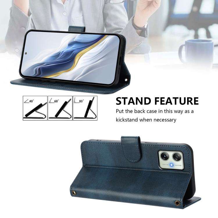 For Motorola Moto G64 India / G54 5G India Line Splicing Buckle Retro Leather Phone Case(Dark Blue)