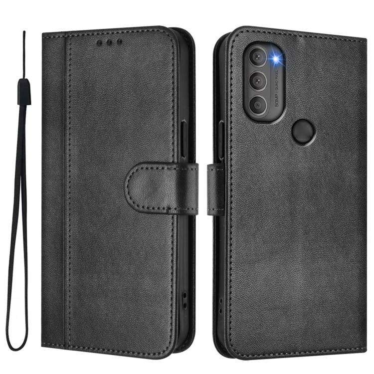 For Motorola Moto G71 5G Line Splicing Buckle Retro Leather Phone Case(Black)