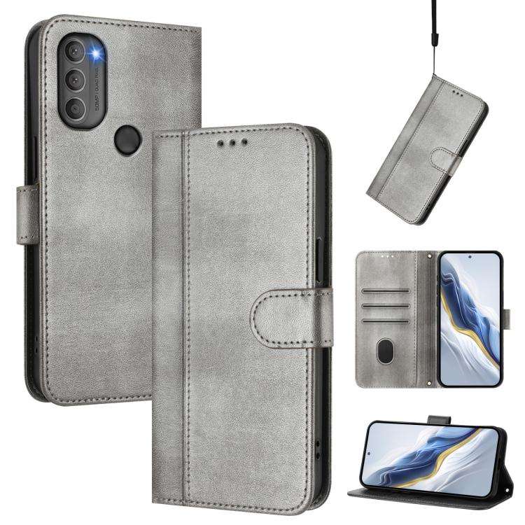 For Motorola Moto G71 5G Line Splicing Buckle Retro Leather Phone Case(Grey)